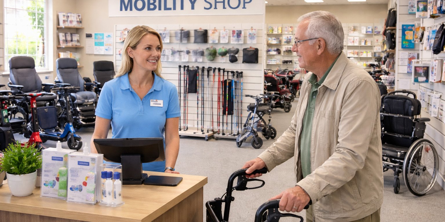 shop owner and customer talking in a mobility shop